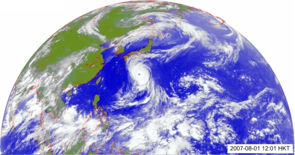 香港天文台新一代日本地球同步氣象衛星接收系統在2007年所接收的雲圖。