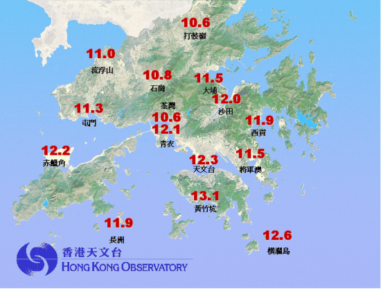 圖一: 2007年4月4日本港最低氣溫分佈情況
