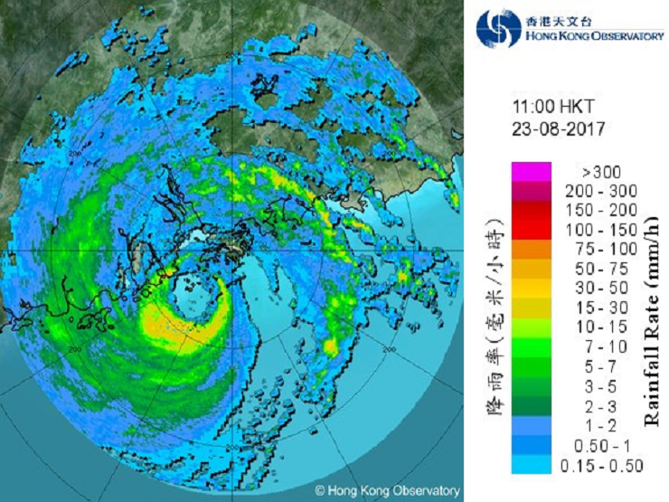 图八    2017年8月23日上午11时天鸽在香港西南面的雷达回波图像。