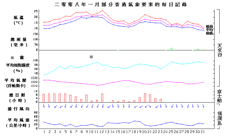 圖像展示二零零八年一月部分香港氣象要素的每日記錄