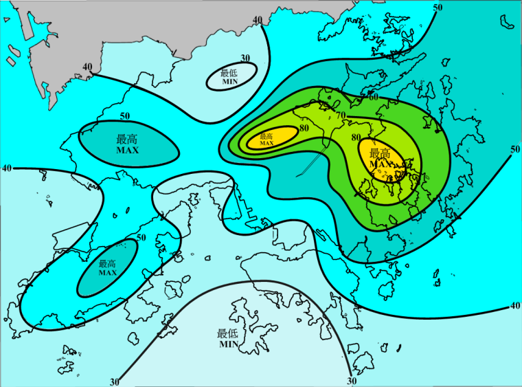 二零一二年二月雨量图 (等雨量线单位为毫米)