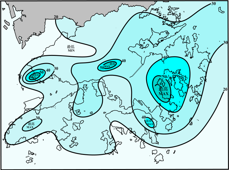 二零一二年三月雨量图 (等雨量线单位为毫米)