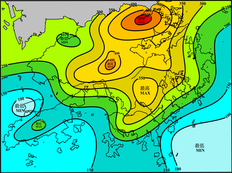 二零一二年六月雨量图 (等雨量线单位为毫米)