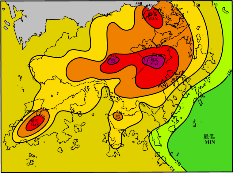 二零一二年七月雨量图 (等雨量线单位为毫米)
