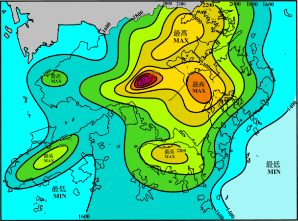 图三.2012年香港年雨量分布