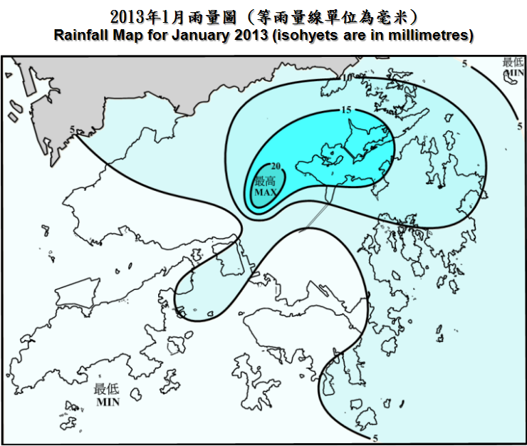 二零一三年一月雨量图 (等雨量线单位为毫米)