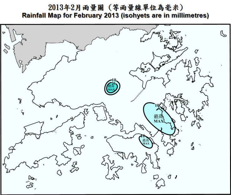 二零一三年二月雨量圖 (等雨量線單位為毫米)