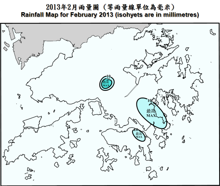 二零一三年二月雨量图 (等雨量线单位为毫米)