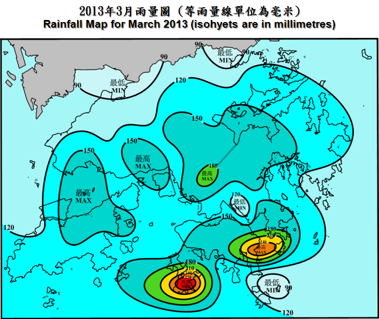 二零一三年三月雨量图 (等雨量线单位为毫米)