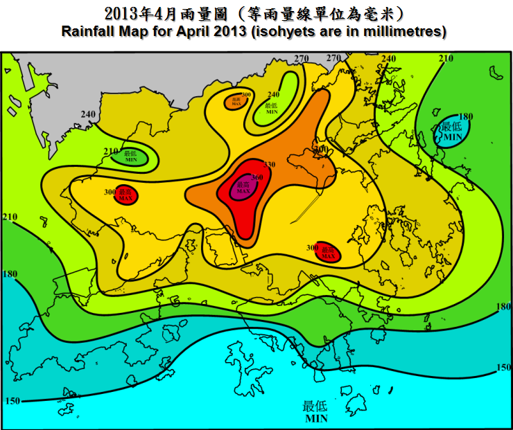 二零一三年四月雨量圖 (等雨量線單位為毫米)