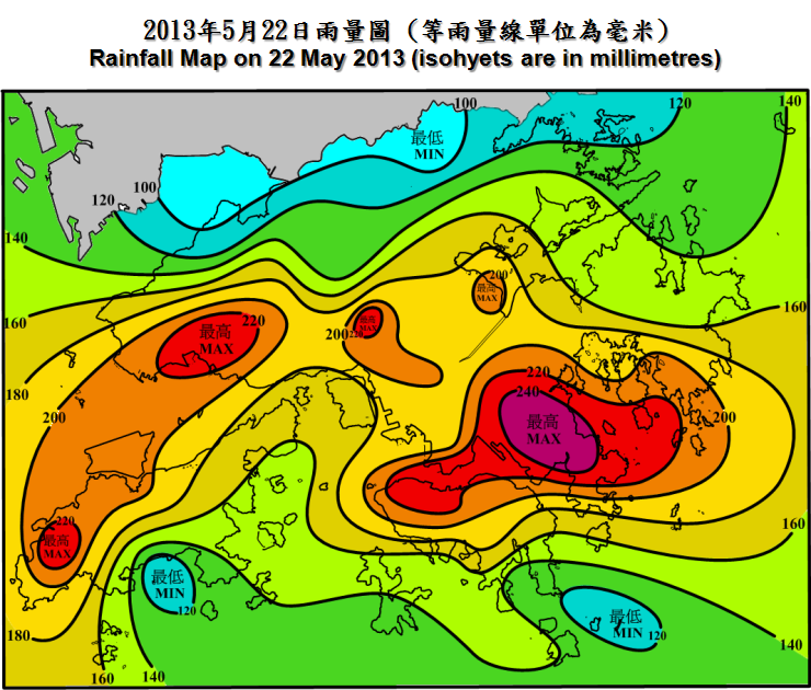 二零一三年五月雨量图 (等雨量线单位为毫米)
