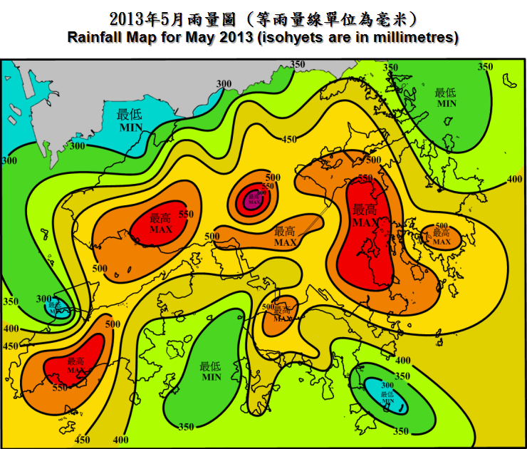 二零一三年五月雨量图 (等雨量线单位为毫米)