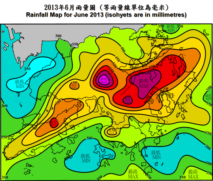 二零一三年六月雨量图 (等雨量线单位为毫米)