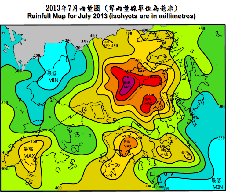 二零一三年七月雨量图 (等雨量线单位为毫米)