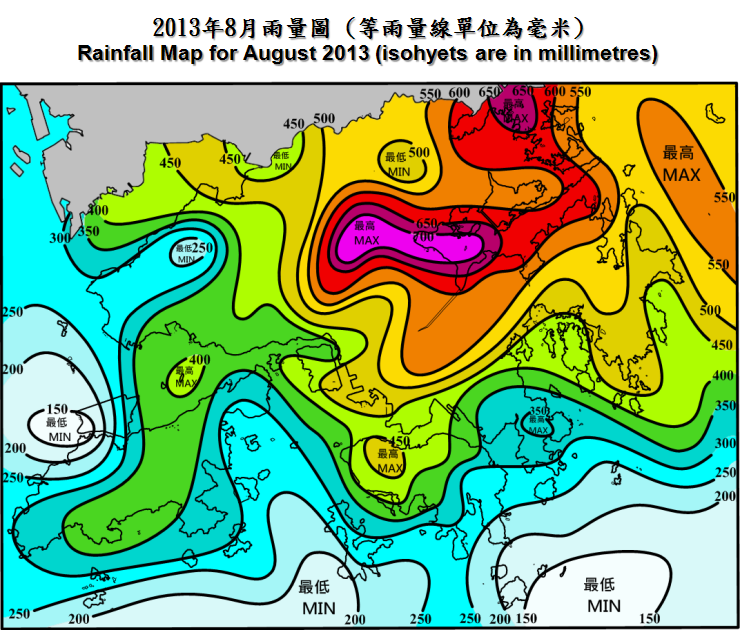 二零一三年八月雨量图 (等雨量线单位为毫米)