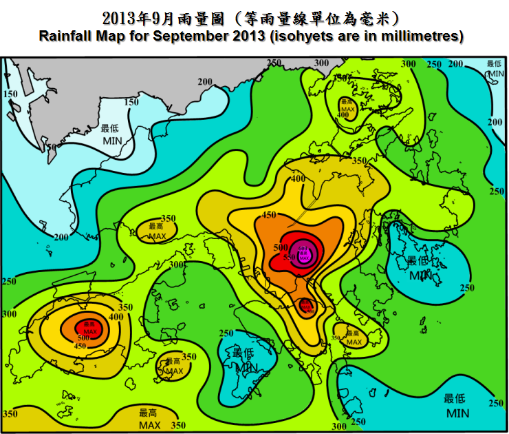 二零一三年九月雨量图 (等雨量线单位为毫米)
