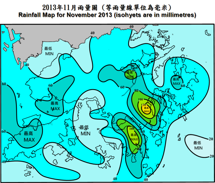 二零一三年十一月雨量图 (等雨量线单位为毫米)