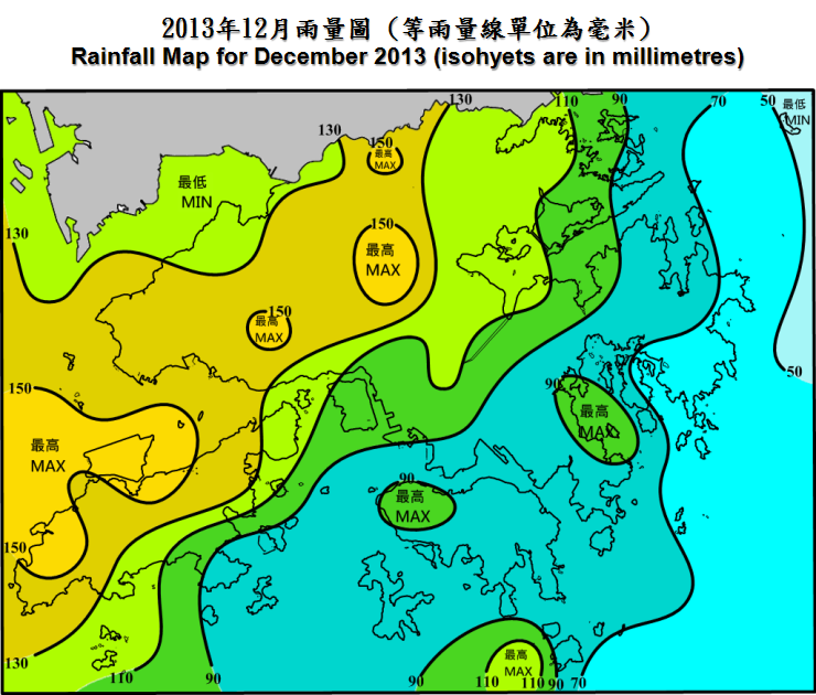 二零一三年十二月雨量图 (等雨量线单位为毫米)