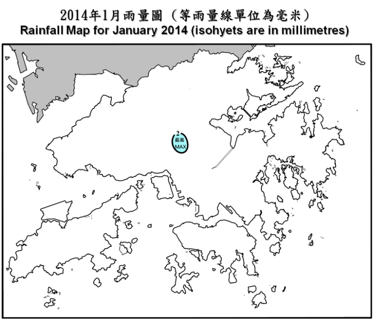 二零一四年一月雨量图 (等雨量线单位为毫米)