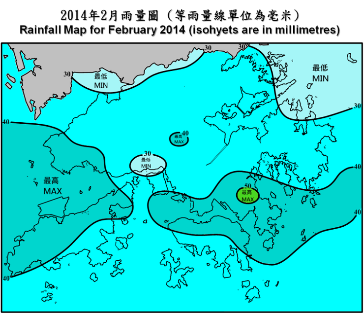 二零一四年二月雨量图 (等雨量线单位为毫米)