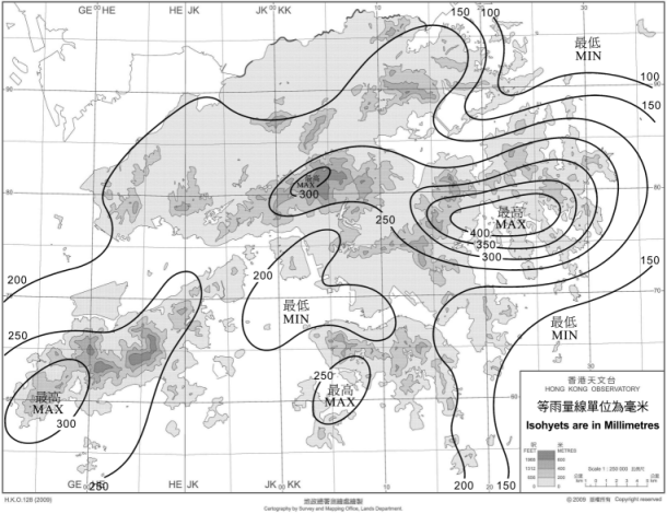 图一.  二零一零年五月香港雨量分布。
