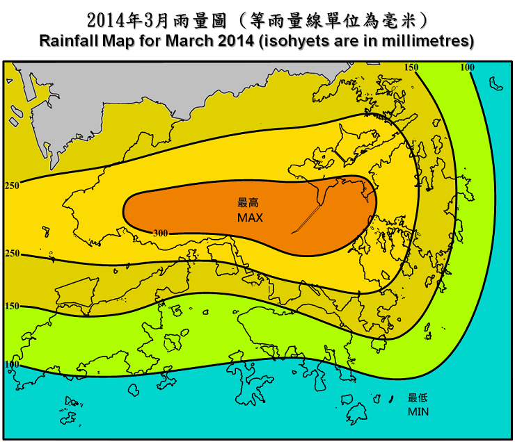 二零一四年三月雨量圖 (等雨量線單位為毫米)