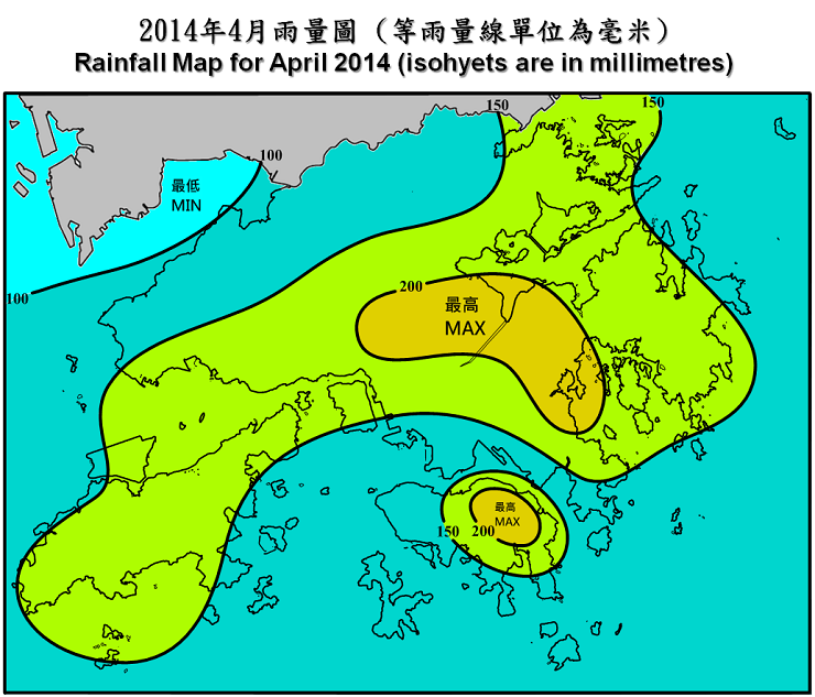 二零一四年四月雨量图 (等雨量线单位为毫米)