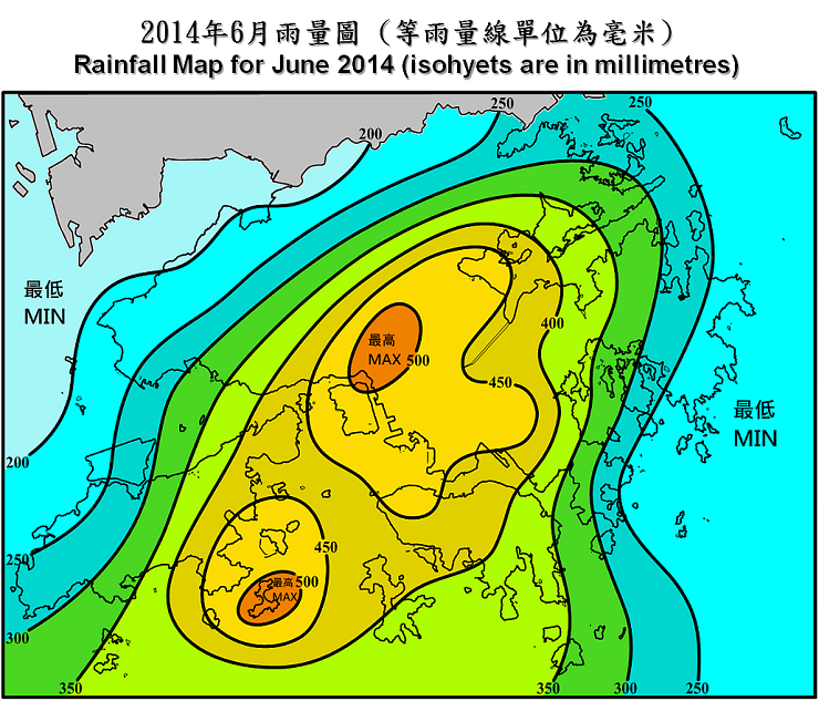 二零一四年六月雨量图 (等雨量线单位为毫米)