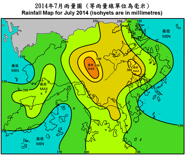 二零一四年七月雨量图 (等雨量线单位为毫米)