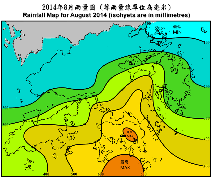 二零一四年八月雨量图 (等雨量线单位为毫米)