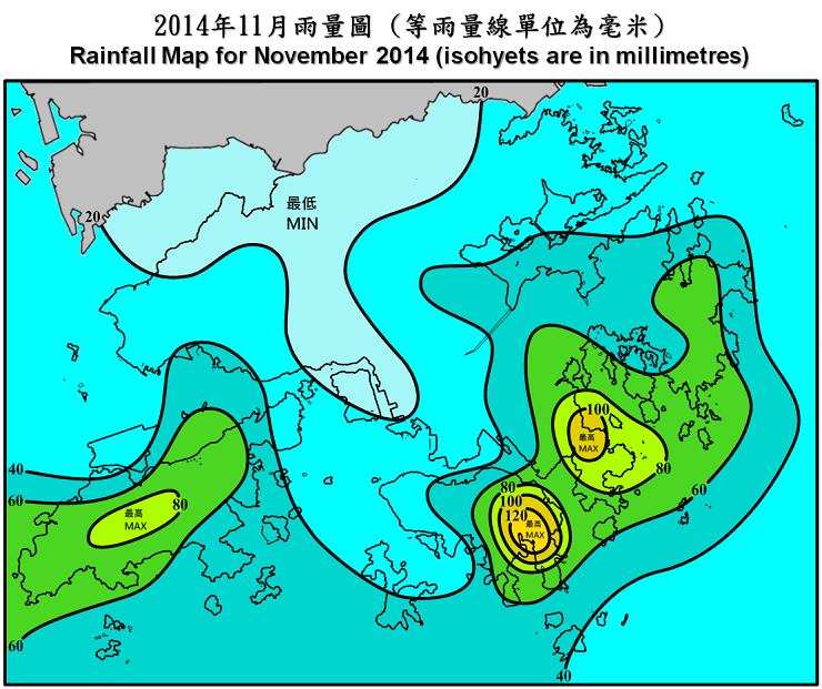 二零一四年十一月雨量图 (等雨量线单位为毫米)
