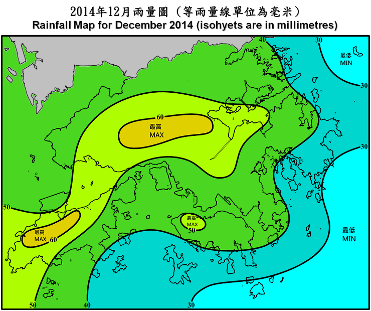 二零一四年十二月雨量图 (等雨量线单位为毫米)