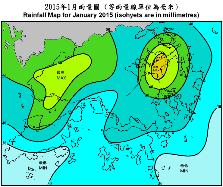 二零一五年一月雨量图 (等雨量线单位为毫米)