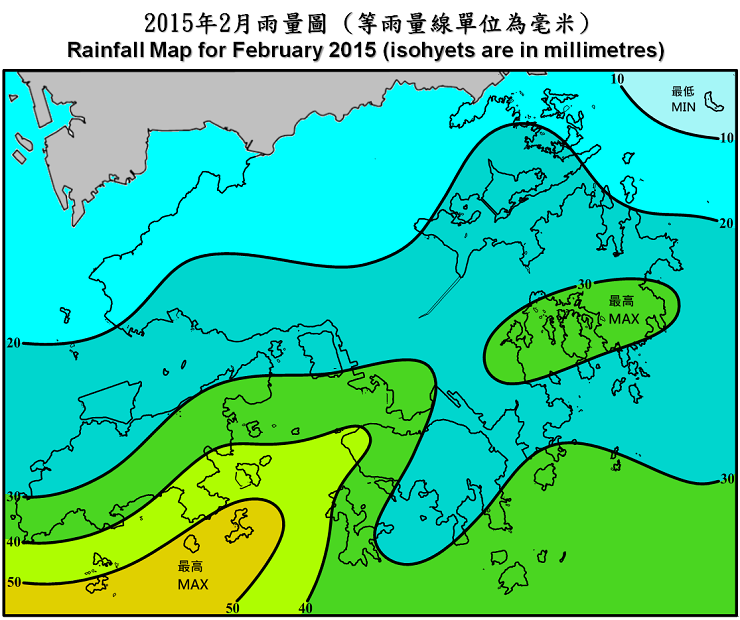 二零一五年二月雨量图 (等雨量线单位为毫米)
