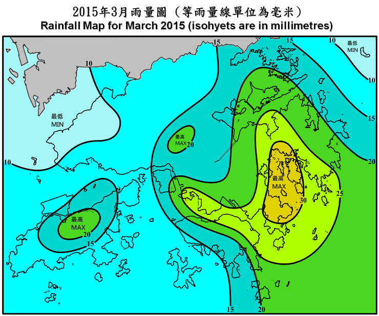 二零一五年三月雨量图 (等雨量线单位为毫米)