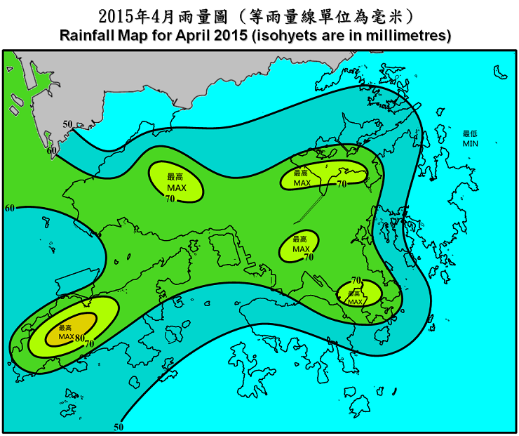 二零一五年四月雨量图 (等雨量线单位为毫米)