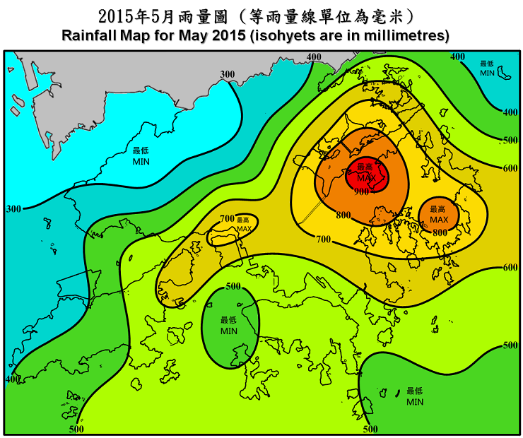 二零一五年五月雨量图 (等雨量线单位为毫米)
