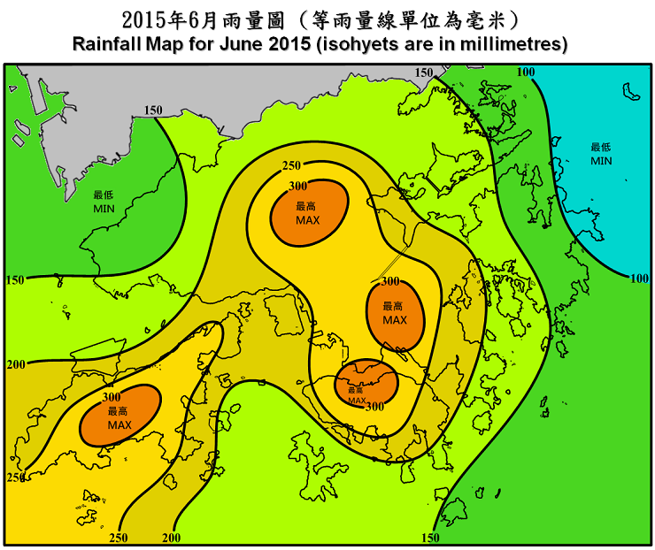 二零一五年六月雨量图 (等雨量线单位为毫米)