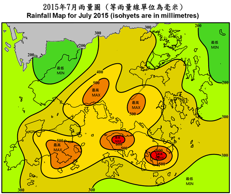二零一五年七月雨量图 (等雨量线单位为毫米)