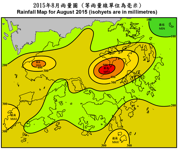 二零一五年八月雨量图 (等雨量线单位为毫米)