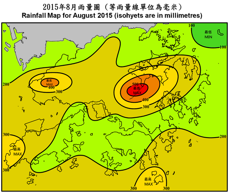 二零一五年八月雨量圖 (等雨量線單位為毫米)