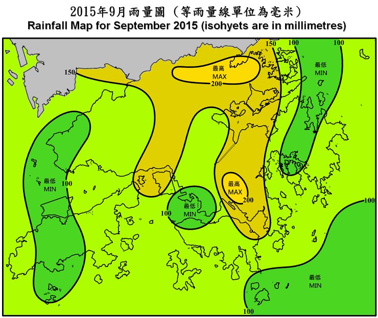 二零一五年九月雨量图 (等雨量线单位为毫米)