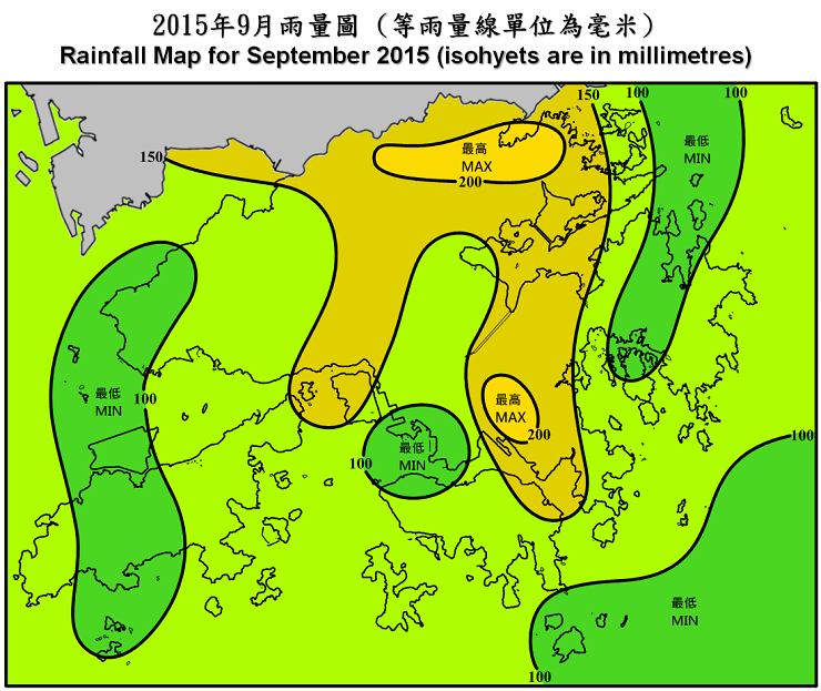 二零一五年九月雨量圖 (等雨量線單位為毫米)