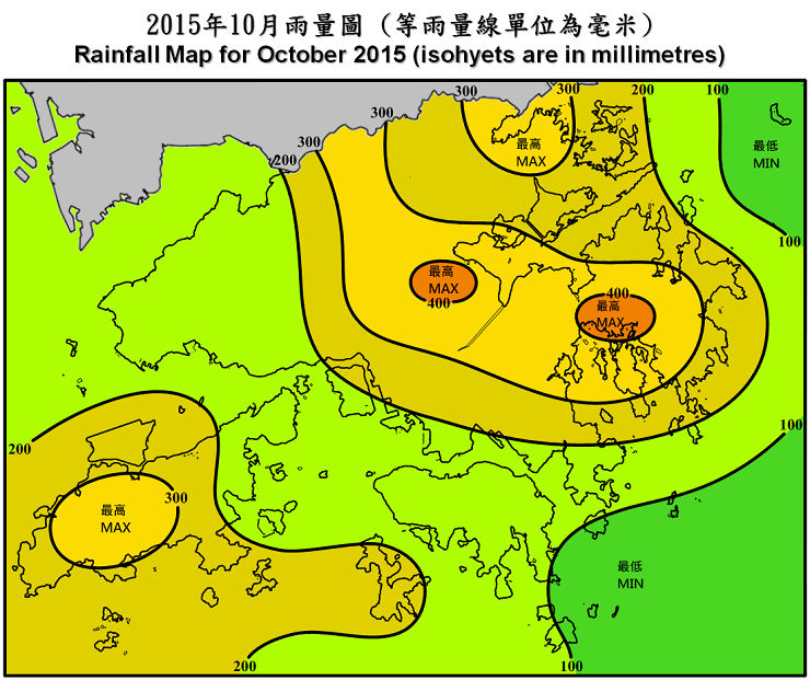 二零一五年十月雨量图 (等雨量线单位为毫米)