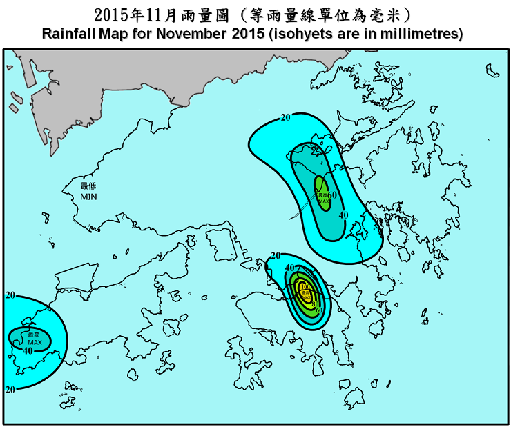 二零一五年十一月雨量图 (等雨量线单位为毫米)