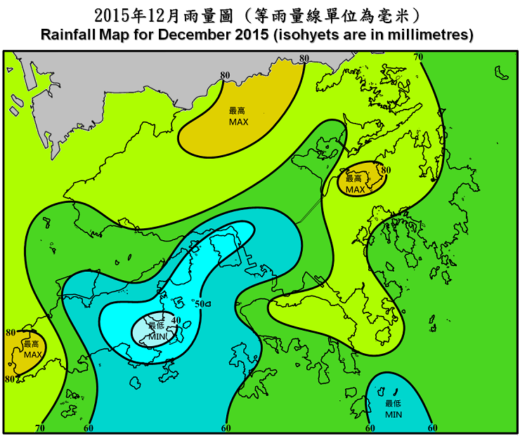 二零一五年十二月雨量图 (等雨量线单位为毫米)