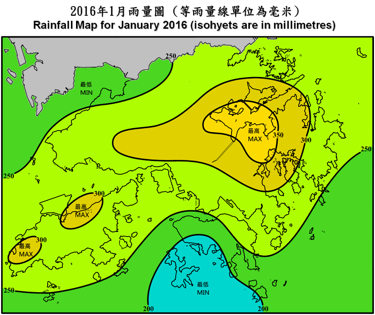 二零一六年一月雨量图 (等雨量线单位为毫米)