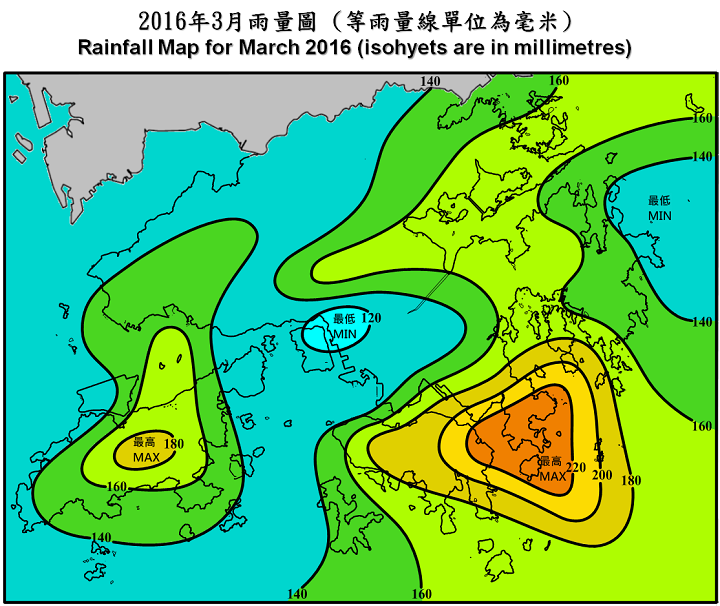 二零一六年三月雨量图 (等雨量线单位为毫米)