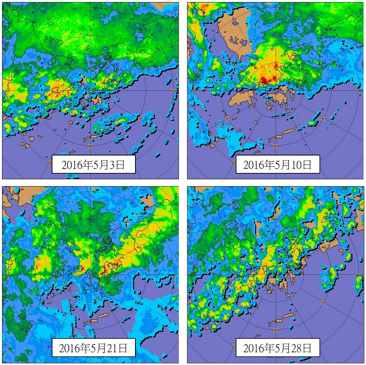 二零一六年五月期间影响香港的几场暴雨雷达回波图像