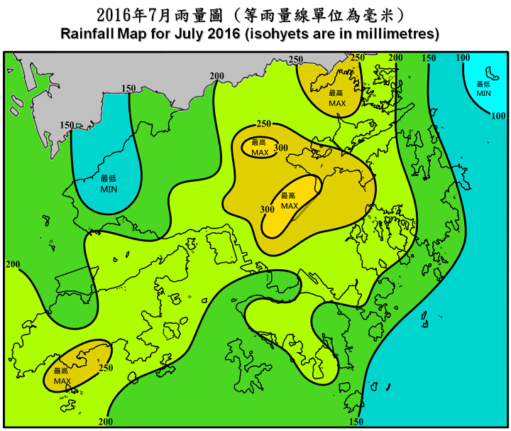 二零一六年七月雨量图 (等雨量线单位为毫米)